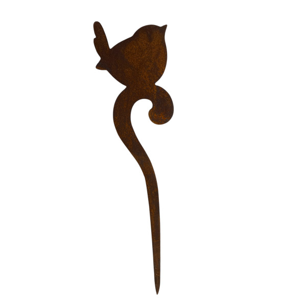 Vogel Deko kleiner Deko Vogel auf Curl sitzend 43 cm hoch 
Gartenstecker mit Vögelchen auf einem geschwungen Ornament Curl
30 