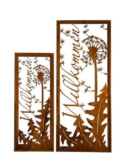 Skulpturen - Rostsäulen und Stelen Pusteblumen Stele Willkommen - Höhe 135 cm - Breite 55 cm 
Höhe 135 cm
Breite 55 cm
Befest