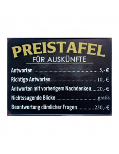 Start Metallschild - „Preistafel für Auskünfte“ – Höhe 35 cm 
Höhe 35 cm
Breite 26 cm
mit 4 Löchern zum Festschrauben
Humo