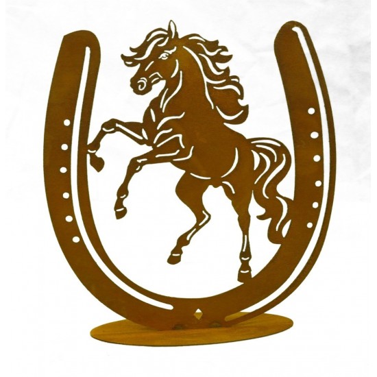 Hufeisen mit Pferd auf Platte in Edelrost