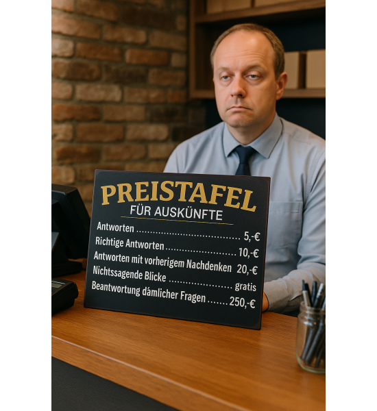 lustige Sprüche Metallschild - Preistafel für Auskünfte – Höhe 35 cm 
Höhe 35 cm
Breite 26 cm
mit 4 Löchern zum Festschrauben