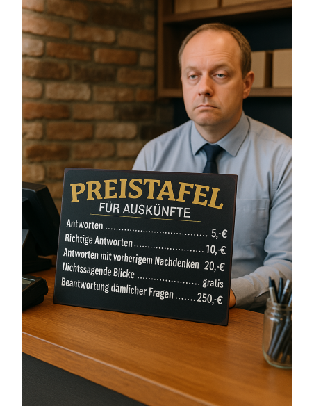 lustige Sprüche Metallschild - Preistafel für Auskünfte – Höhe 35 cm 
Höhe 35 cm
Breite 26 cm
mit 4 Löchern zum Festschrauben