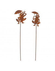 Teichdeko + Maritim Gartenstecker Frösche mit Schirm 2er Set 
2er Set Frosch mit Schirm als kleine Metall Gartenstecker
Frosch