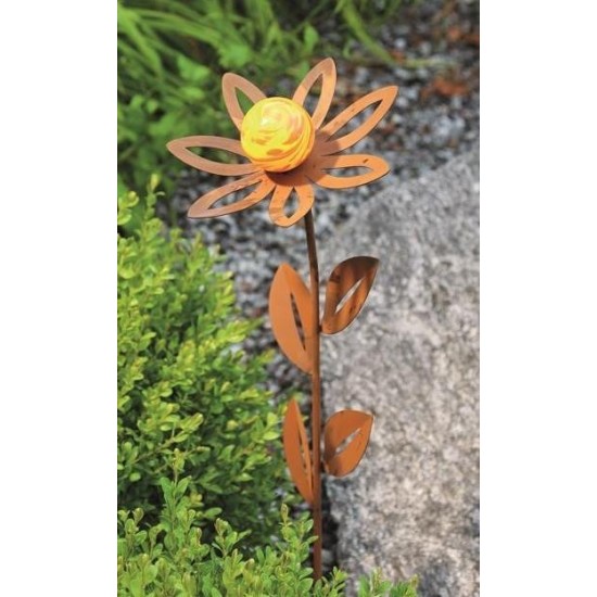 Glasblume Anna 77 cm hoch Edelrost Blume mit orangener Glaskugel