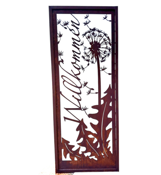 Skulpturen - Rostsäulen und Stelen Pusteblumen Stele Willkommen - Höhe 135 cm - Breite 55 cm 
Höhe 135 cm
Breite 55 cm
Befest