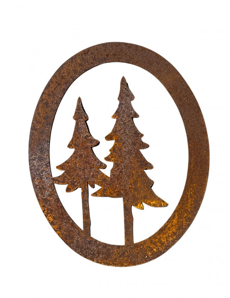 Winterdeko 2 Tannen im ovalen Ring zum Hängen - Höhe 15 cm 
Schöne Winterdeko aus Rost mit 2 Tannen als Waldsymbol
Breite 12 c