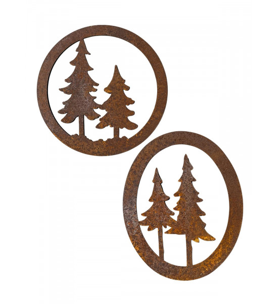 Winterdeko 2 Tannen im ovalen Ring zum Hängen - Höhe 15 cm 
Schöne Winterdeko aus Rost mit 2 Tannen als Waldsymbol
Breite 12 c