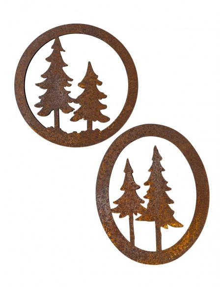 Winterdeko 2 Tannen im ovalen Ring zum Hängen - Höhe 15 cm 
Schöne Winterdeko aus Rost mit 2 Tannen als Waldsymbol
Breite 12 c