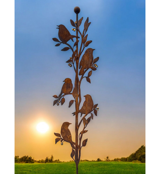 Vögel und Beeren - Sonderserie Gartenstecker - Beerendieb - 5 Vögel mit Goldeeren - Höhe 130 cm 
Höhe 130 cm
mit Kugel oben
G