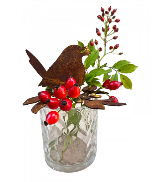 Winterdeko Vogel - Beerendieb - mit Goldenbeeren für Vasen - Höhe 7 cm 
Diese süße Beerendieb sucht sich seinen Wintervorat und