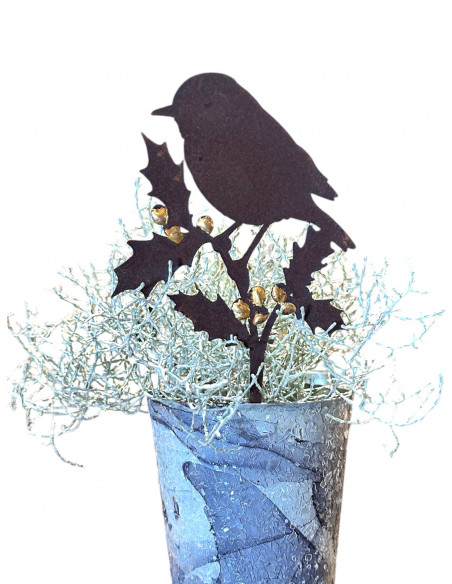 Vögel und Beeren - Sonderserie goldiges Vögelchen auf Stechpalme - Höhe 18,5 cm - Goldbeeren Vogel 