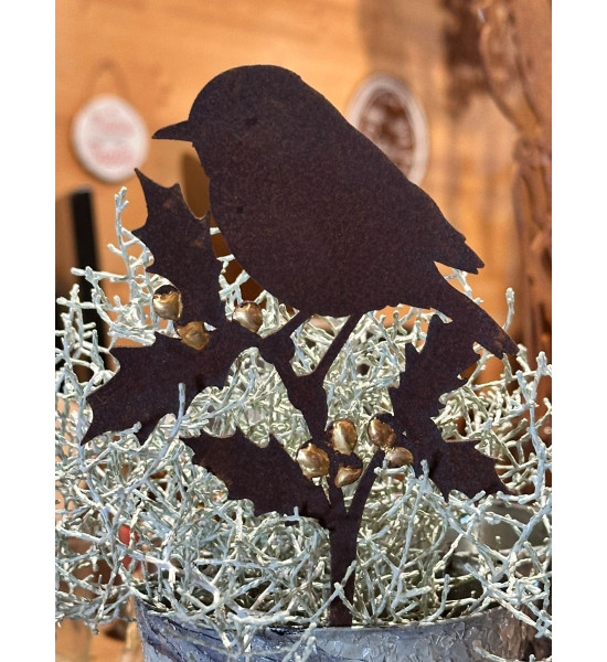 Vögel und Beeren - Sonderserie goldiges Vögelchen auf Stechpalme - Höhe 18,5 cm - Goldbeeren Vogel 