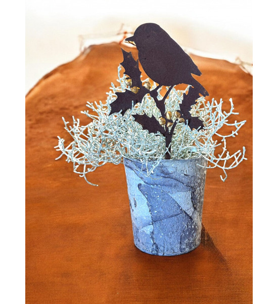 Vögel und Beeren - Sonderserie goldiges Vögelchen auf Stechpalme - Höhe 18,5 cm - Goldbeeren Vogel 