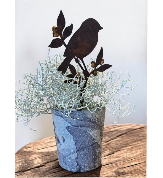 Edelrost Deko Mit Gold Verzierungen goldiges Vögelchen auf Heidelbeere - Direktstecker - Höhe 22 cm - Goldbeeren Vogel 
Gesamth