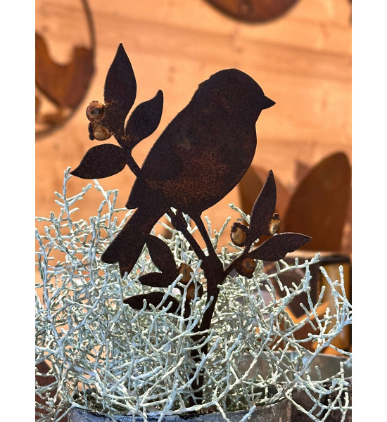 Edelrost Deko Mit Gold Verzierungen goldiges Vögelchen auf Heidelbeere - Direktstecker - Höhe 22 cm - Goldbeeren Vogel 
Gesamth