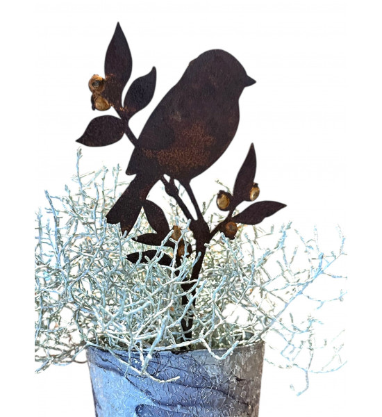 Edelrost Deko Mit Gold Verzierungen goldiges Vögelchen auf Heidelbeere - Direktstecker - Höhe 22 cm - Goldbeeren Vogel 
Gesamth