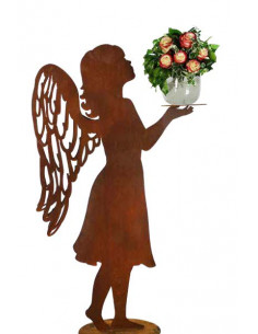 Rost Engelfiguren groß ab 100 cm für den Garten  Adeline - Engel mit doppelten Flügeln und Platte in der Hand - auf Platte - Höh