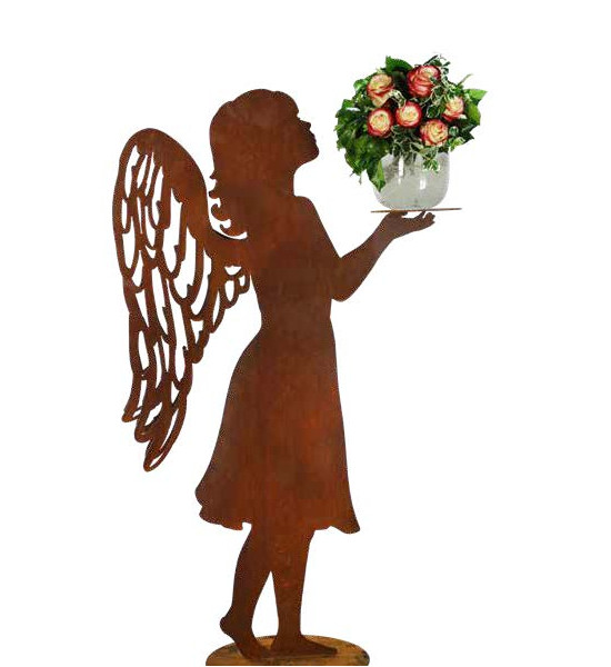 Rost Engelfiguren groß ab 100 cm für den Garten  Adeline - Engel mit doppelten Flügeln und Platte in der Hand - auf Platte - Höh