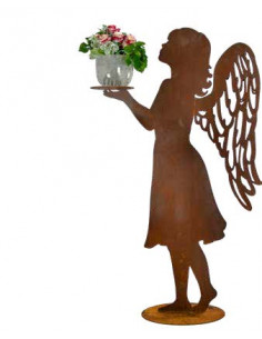 Rost Engelfiguren groß ab 100 cm für den Garten  Adeline - Engel mit doppelten Flügeln und Platte in der Hand - auf Platte - Höh 2