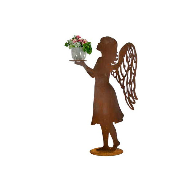 Rost Engelfiguren groß ab 100 cm für den Garten  Adeline - Engel mit doppelten Flügeln und Platte in der Hand - auf Platte - Höh