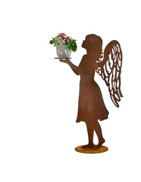Rost Engelfiguren groß ab 100 cm für den Garten  Adeline - Engel mit doppelten Flügeln und Platte in der Hand - auf Platte - Höh