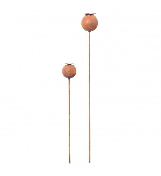 Gartendeko Rost Mohnkapsel Gartenstecker Höhe 40 cm 
Mohnkapsel 6 cm Ø 
Stangen Höhe 40 cm
