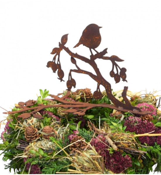 Edelrost Vogel auf Ast mit Hagebutten - für Glasschalen - Höhe 17 cm - Länge 29 cm