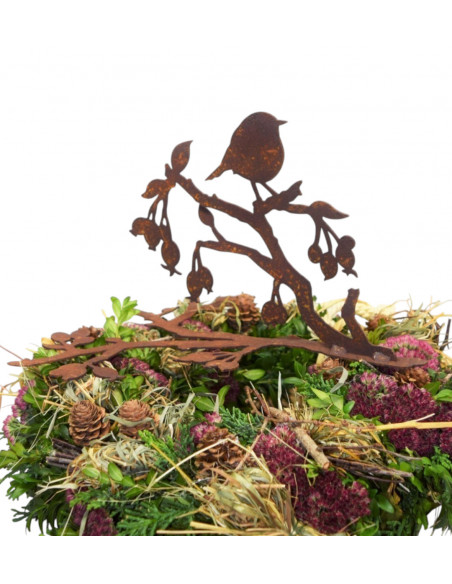 Edelrost Vogel auf Ast mit Hagebutten - für Glasschalen - Höhe 17 cm - Länge 29 cm