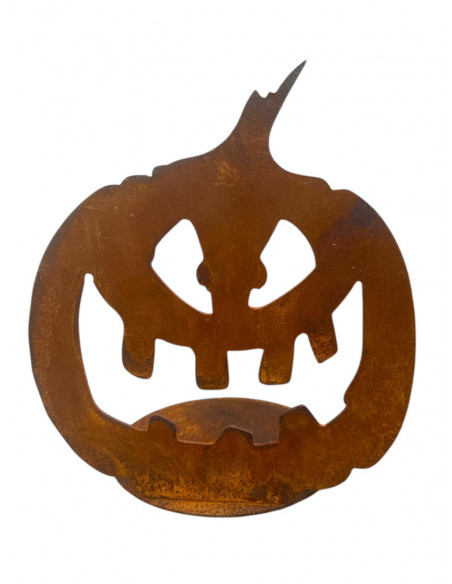 Halloween Deko für den Garten aus Metall Halloween Kürbis - B - Pumpkin - Größe 2 - an runder Platte - Breite 30 cm 
