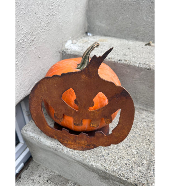 Halloween Deko für den Garten aus Metall Halloween Kürbis - B - Pumpkin - Größe 2 - an runder Platte - Breite 30 cm 
