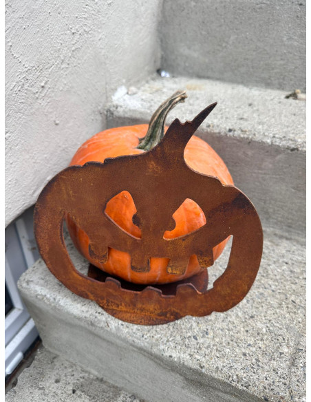 Halloween Deko für den Garten aus Metall Halloween Kürbis - B - Pumpkin - Größe 2 - an runder Platte - Breite 30 cm 