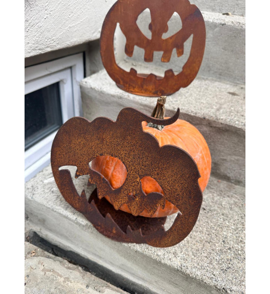 Halloween Deko für den Garten aus Metall Halloween Kürbis - B - Pumpkin - Größe 2 - an runder Platte - Breite 30 cm 