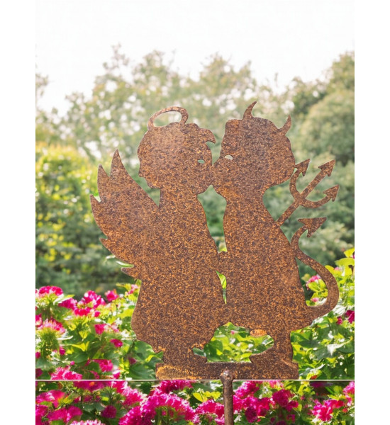 Gartenstecker verliebtes Engelchen und Teufelchen Gartenstecker - 12 cm hoch + Stab 40 cm 
"Du bist der Engel, den die Hölle mi