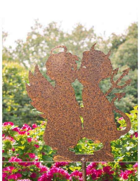 Gartenstecker verliebtes Engelchen und Teufelchen Gartenstecker - 12 cm hoch + Stab 40 cm 
"Du bist der Engel, den die Hölle mi