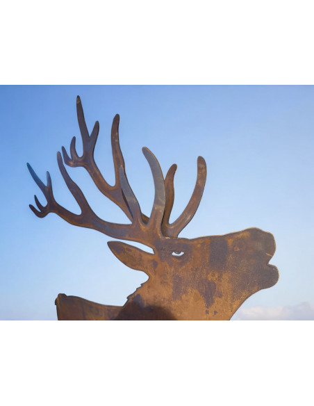 Hirsche, Wildtiere und Waldbewohner Röhrender XXL Hirsch mit doppeltem Geweih auf großer Platte - Höhe 180 cm 
Höhe 180 cm
Bre