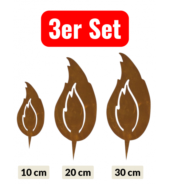 rostige Flammen Edelrost Flamme 3er Set - Rost Flammen je 1 x 10 cm - 20 cm - 30 cm 