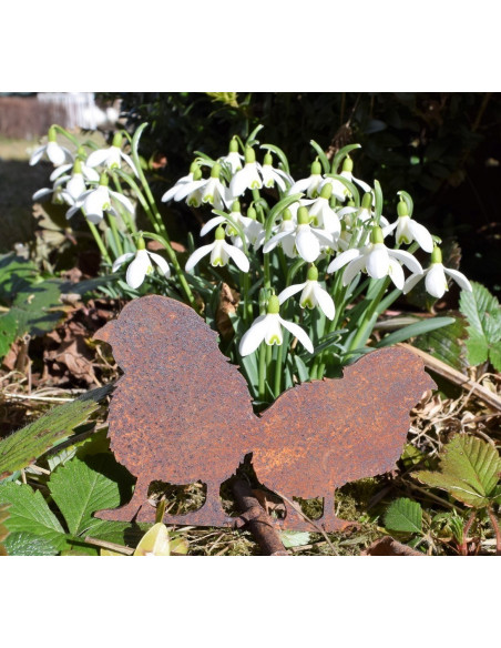 Bauernhoftiere Bauernhof Tier Kükenpaar stehend - 7 cm hoch - 10 cm lang 
Die 2 Küken aus Edelrost stehen seitlich, befestigt a