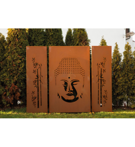 Sichtschutz 2m hoch - 200 cm Sichtschutzzaun Elemente Trennwand Set Metall mit Motiv - Buddha Höhe 200 cm - 3er Set Edelrost Sic
