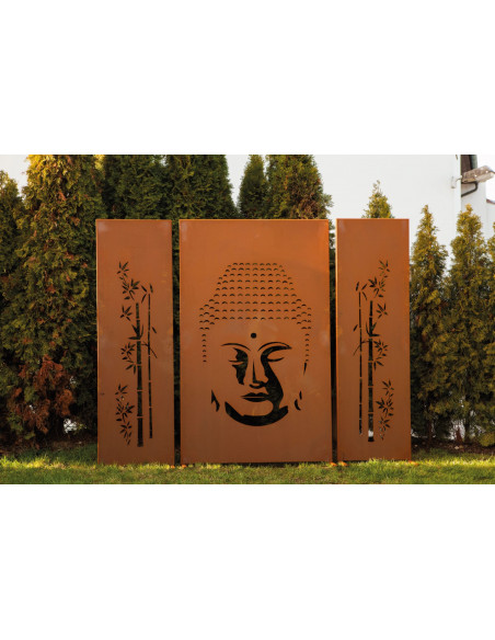 Sichtschutz 2m hoch - 200 cm Sichtschutzzaun Elemente Trennwand Set Metall mit Motiv - Buddha Höhe 200 cm - 3er Set Edelrost Sic