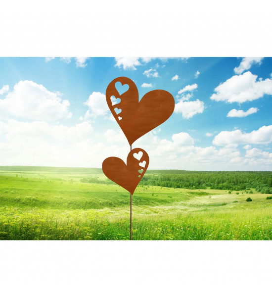Gartenstecker Gartenstecker - 2 Herzen mit Herzausschnitt - 24 cm 
Höhe 24 cm
Breite 18 cm
Stab Länge 40 cm
