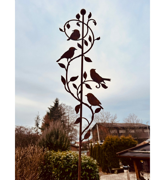 Vogel Deko Gartenstecker filigrane Ranken mit 4 x Vogel und Kugel oben - 120 cm hoch 
die 4 Vögelchen sitzen entspannt auf den 