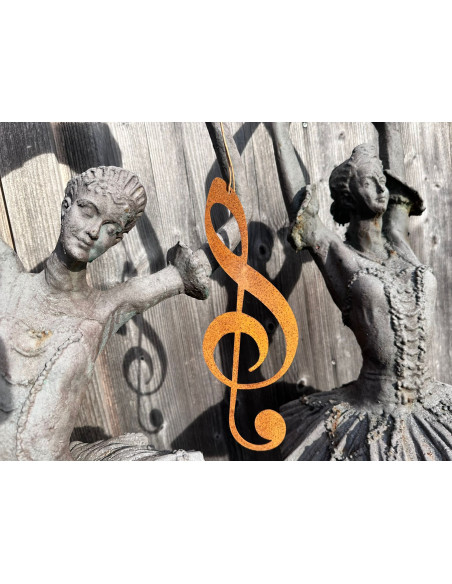 Deko zum Hängen Edelrost Notenschlüssel für Gestecke oder zum Aufhängen 30 cm hoch 
Höhe 30 cm
Breite 10cm
inkl Kordel zum Au