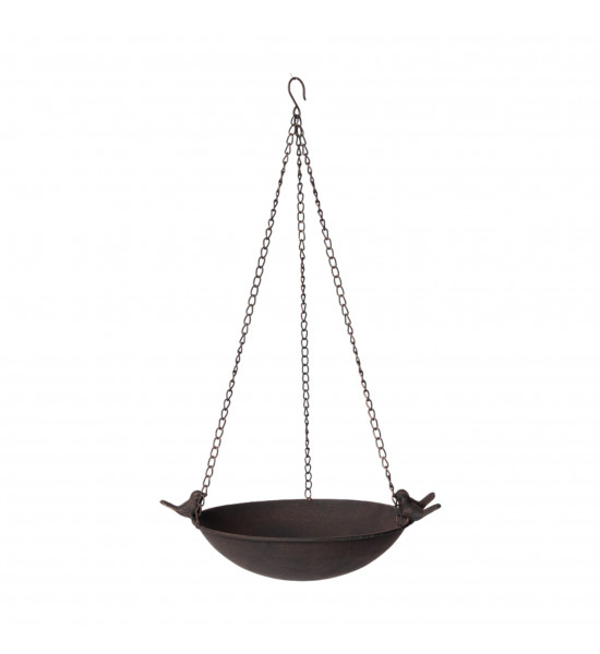 Vogel Deko Metall Vogeltränke zum Hängen Ø 27 cm - Gusseisen Vogelbad 
Vogeltränke 35 x 27 cm
Tiefe Becken 7 cm
Höhe mit Kett