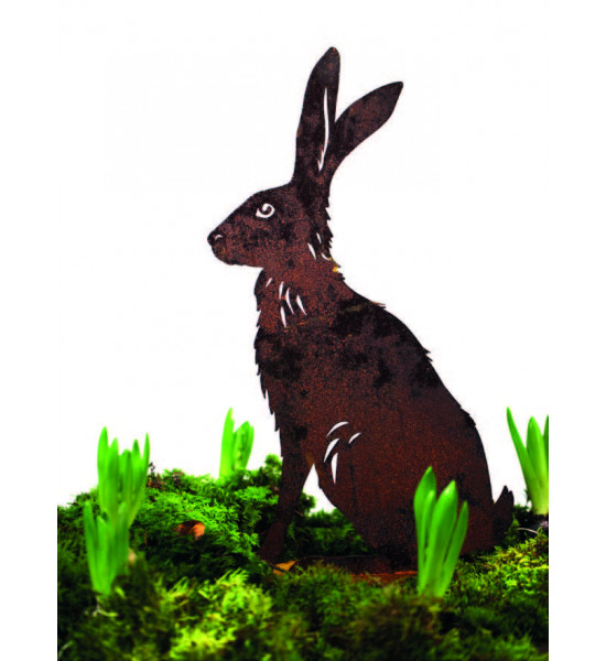 Hasen sitzender Feldhase XL mit Ausschnitten - 48 cm hoch - Edelrost Osterhase 
Höhe 48 cm
Breite 27 cm
mit einer Standplatte