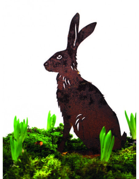 Hasen sitzender Feldhase XL mit Ausschnitten - 48 cm hoch - Edelrost Osterhase 
Höhe 48 cm
Breite 27 cm
mit einer Standplatte
