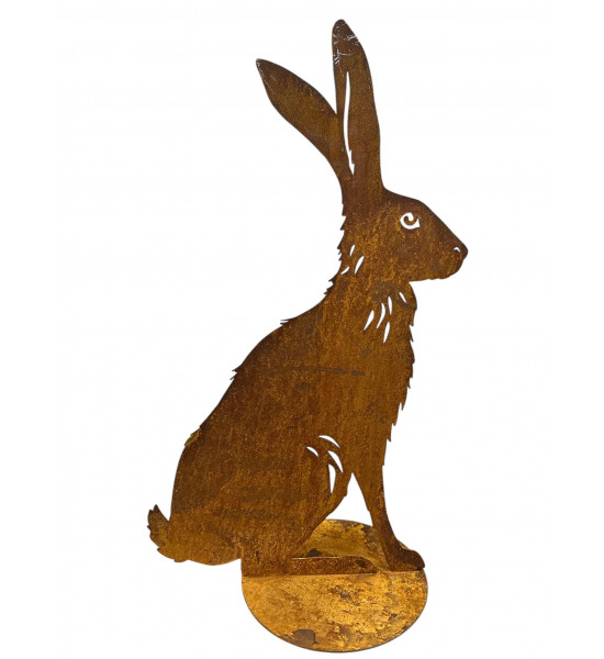 Hasen sitzender Feldhase XL mit Ausschnitten - 48 cm hoch - Edelrost Osterhase 
Höhe 48 cm
Breite 27 cm
mit einer Standplatte
