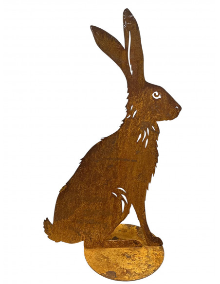 Hasen sitzender Feldhase XL mit Ausschnitten - 48 cm hoch - Edelrost Osterhase 
Höhe 48 cm
Breite 27 cm
mit einer Standplatte