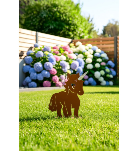 Feengarten märchenhafte Gartendeko Gartenfigur Einhorn Kind - Glitter - mit glänzendem Horn - 42 cm hoch 
Höhe: 42 cm
Breite: 