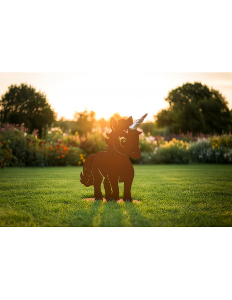 Feengarten märchenhafte Gartendeko Gartenfigur Einhorn Kind - Glitter - mit glänzendem Horn - 42 cm hoch 
Höhe: 42 cm
Breite: 