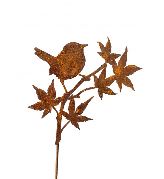 Herbstblätter Zaunkönig Vögelchen auf japanischem Ahorn Gartenstecker 
Höhe 15cm
Breite 21,7cm
Stab 30 cm
